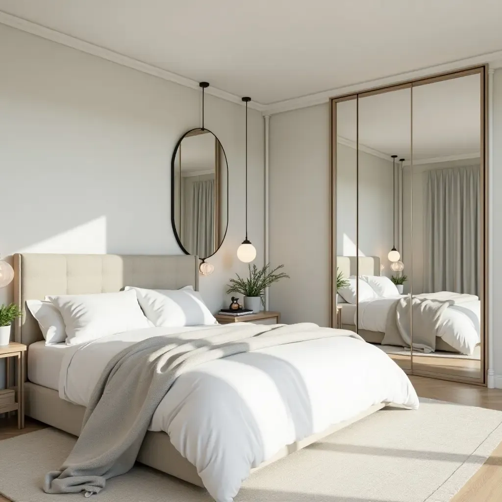 a photo of a bright bedroom with mirrors creating an illusion of depth