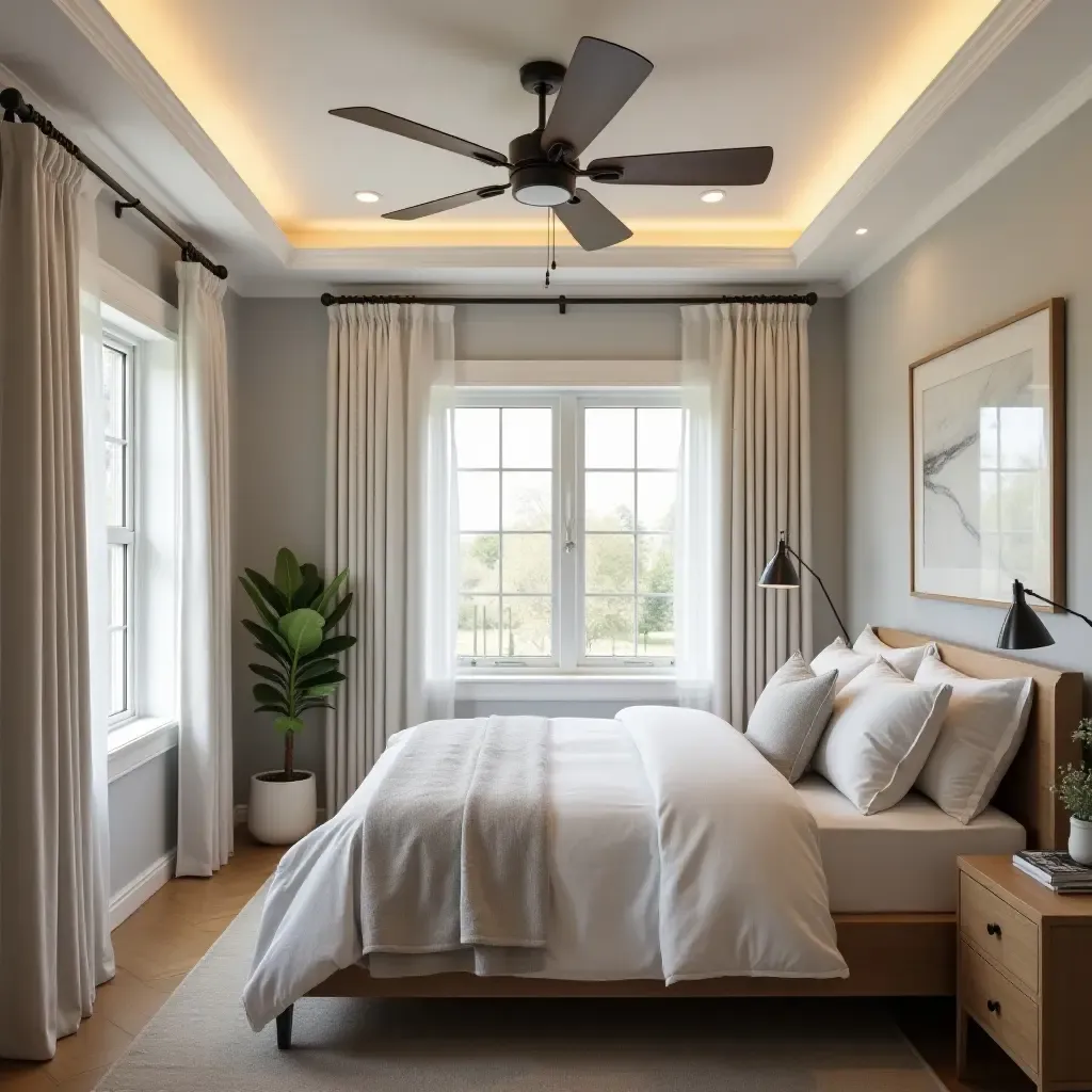 a photo of a small bedroom with a stylish ceiling fan