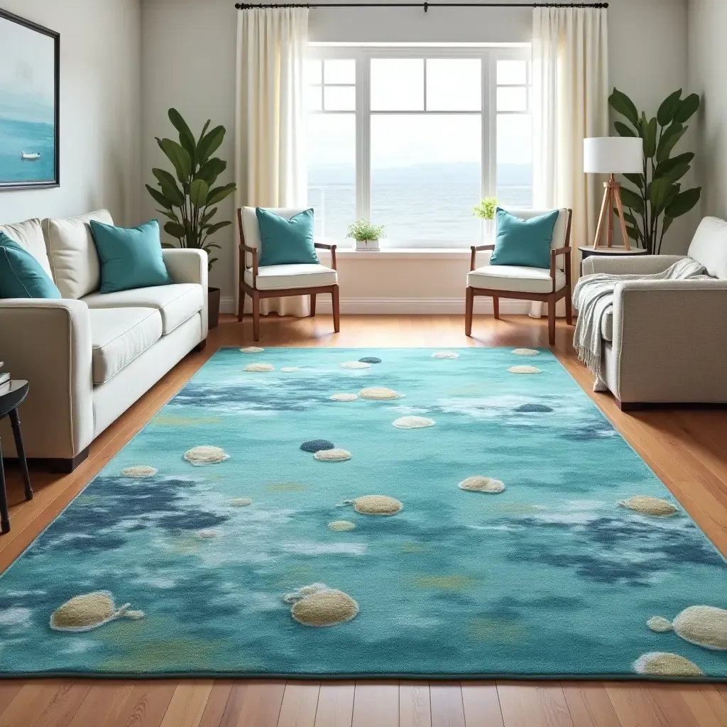 a photo of a seaside-themed rug with ocean colors in a coastal living room