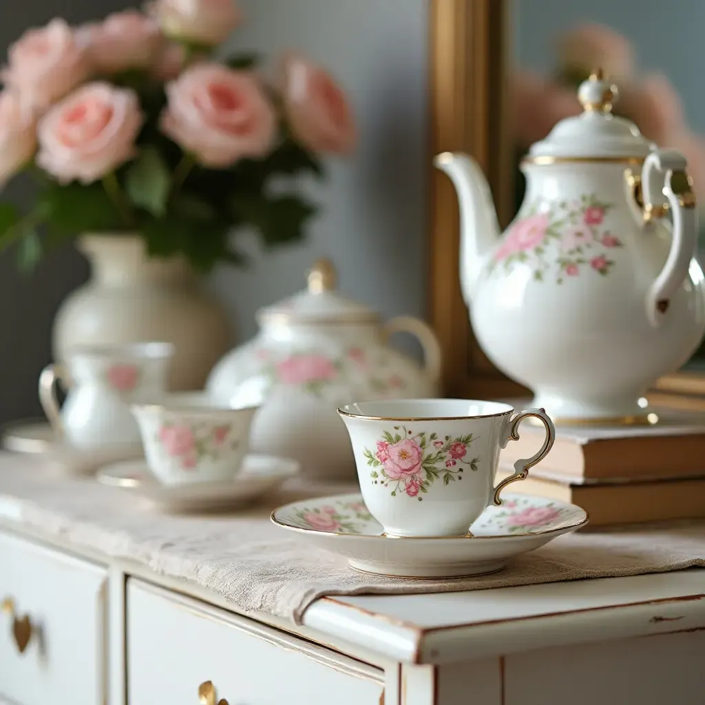 a photo of a charming tea set displayed on a dresser