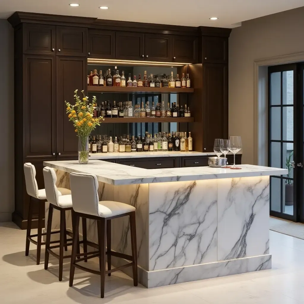 a photo of a modern basement bar featuring marble countertops