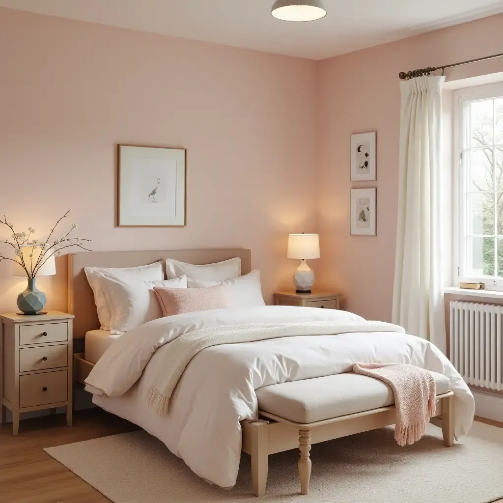 a photo of a charming bedroom with pastel colors and vintage accents