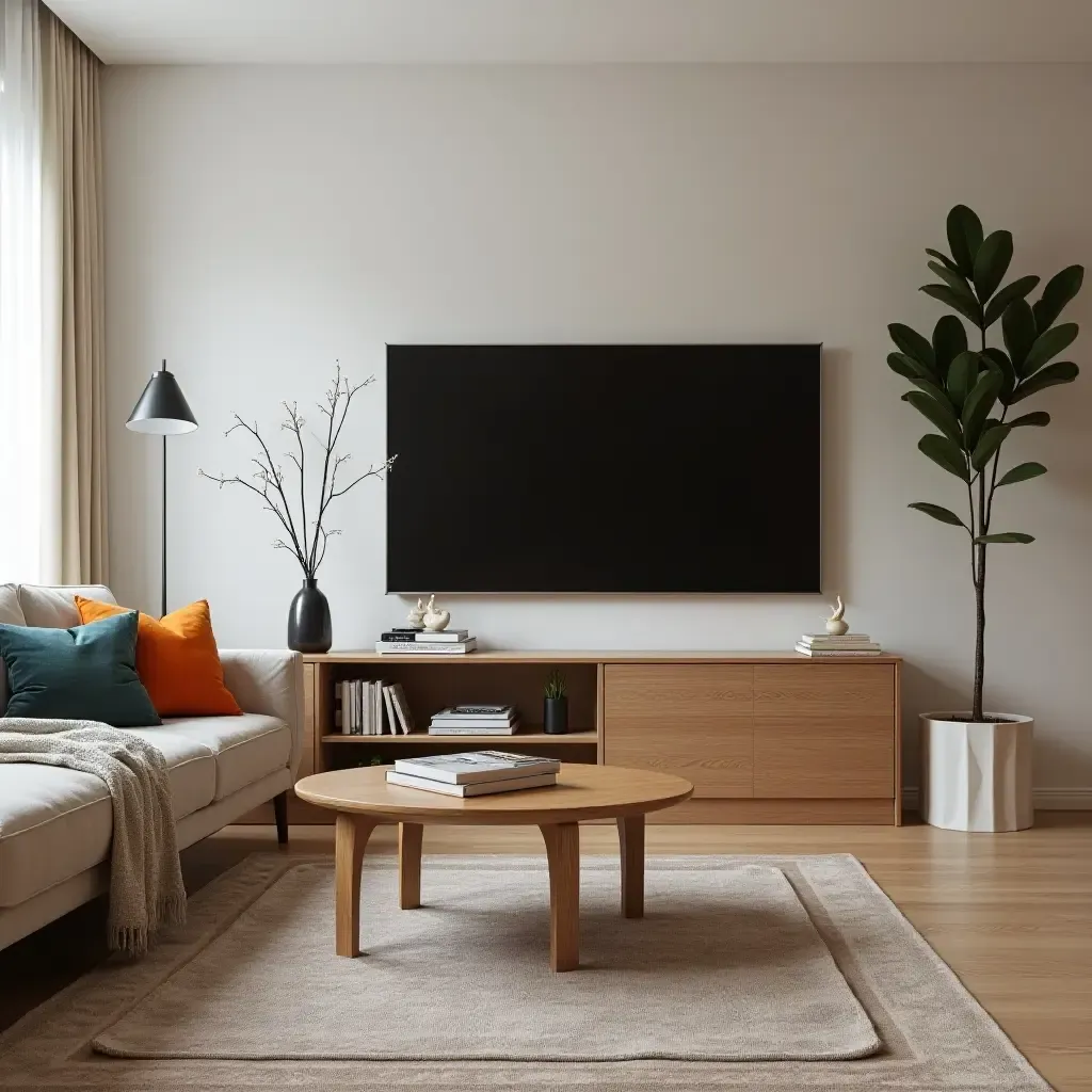 a photo of a small living room with a stylish media console and colorful cushions