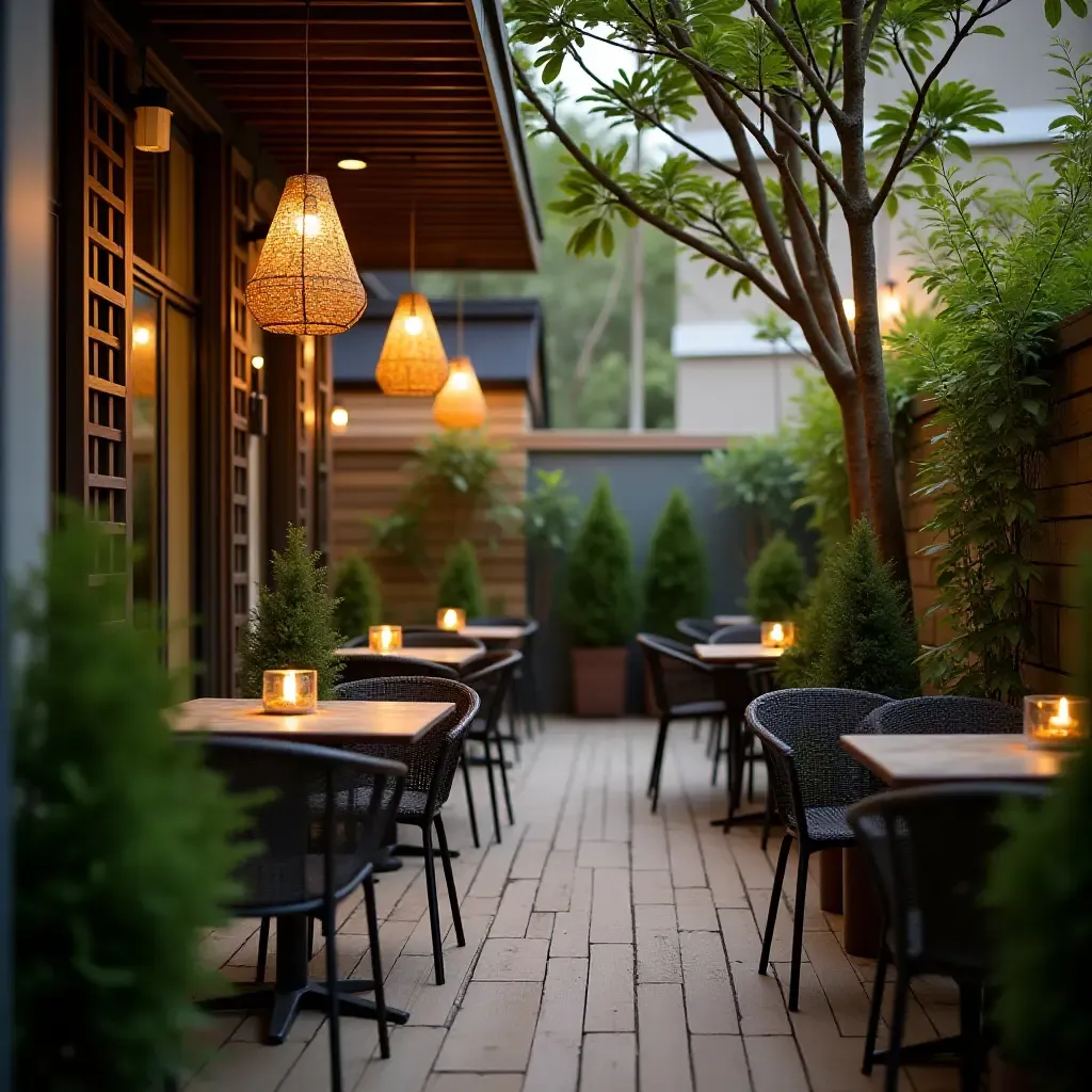 a photo of a balcony garden with hanging pendant lights