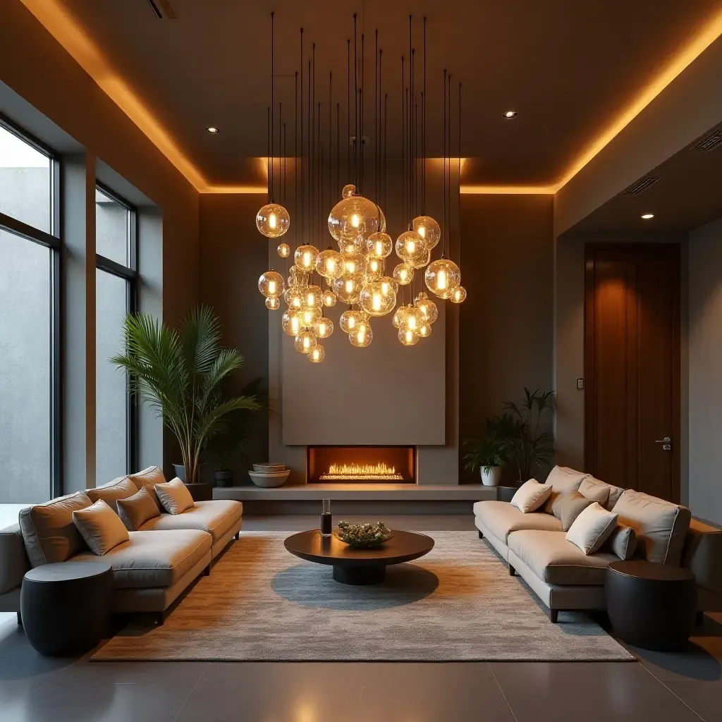 a photo of a contemporary room featuring artistic pendant lighting