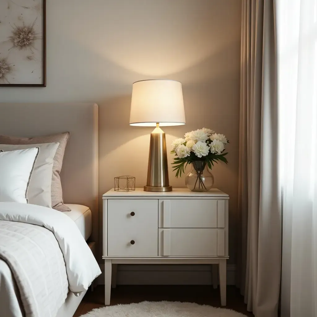 a photo of a chic bedside table with elegant decor