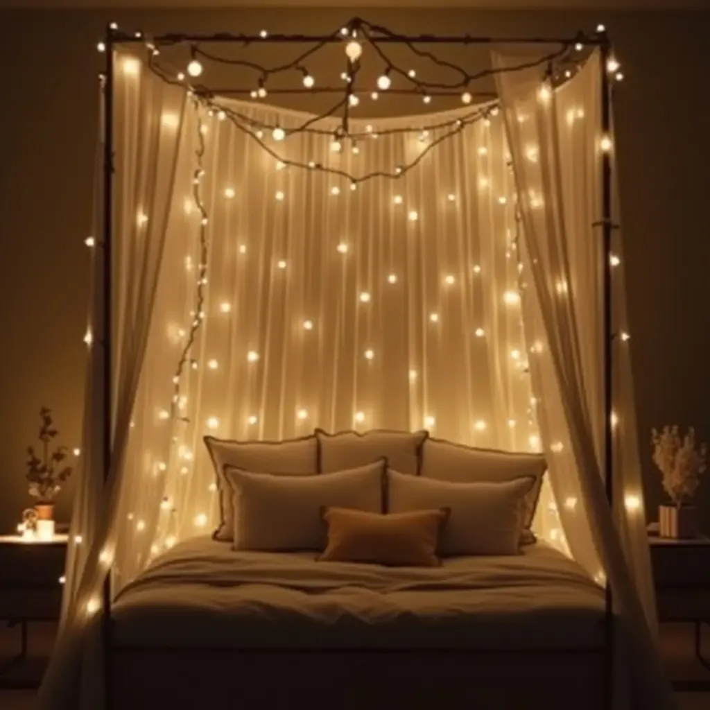 a photo of a cozy canopy bed with fairy lights and soft pillows