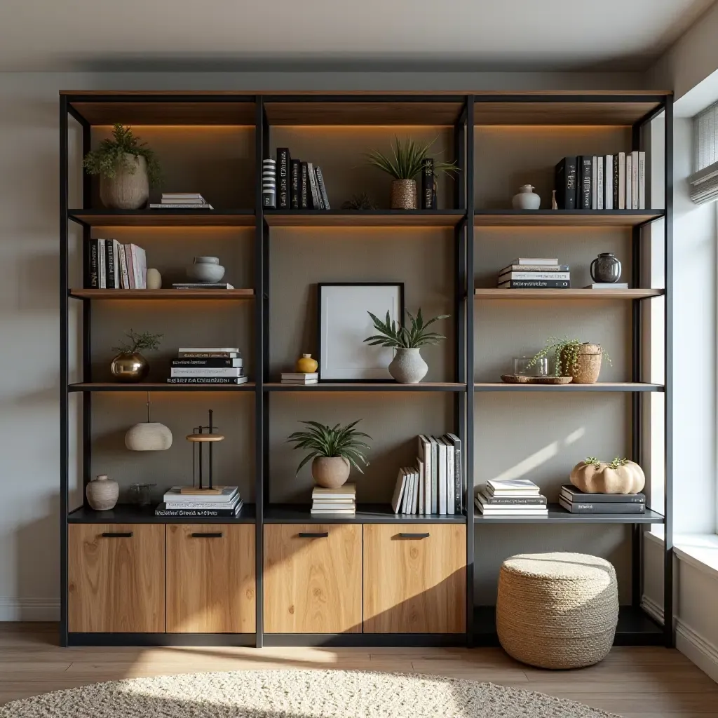 a photo of an industrial-style shelving unit filled with books and decor in a basement