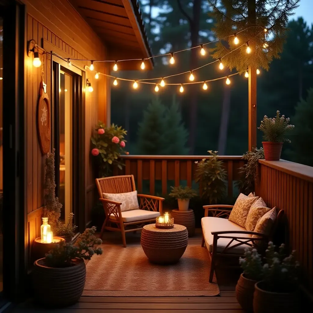 a photo of a cozy balcony featuring bohemian decor and fairy lights