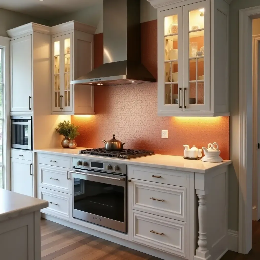 a photo of a contemporary kitchen with copper backsplash