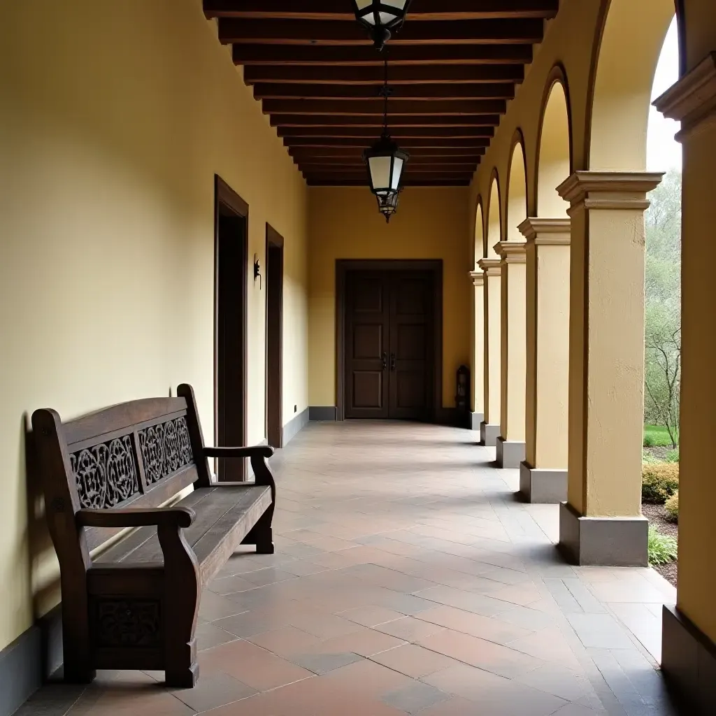 a photo of a classic bench with intricate carvings in a traditional corridor