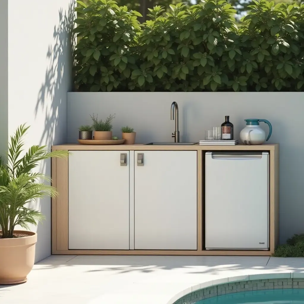 a photo of a chic poolside shelf with a built-in cooler