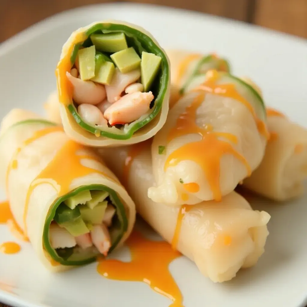 a photo of spring rolls stuffed with crab, cucumber, and avocado, paired with sriracha mayo.