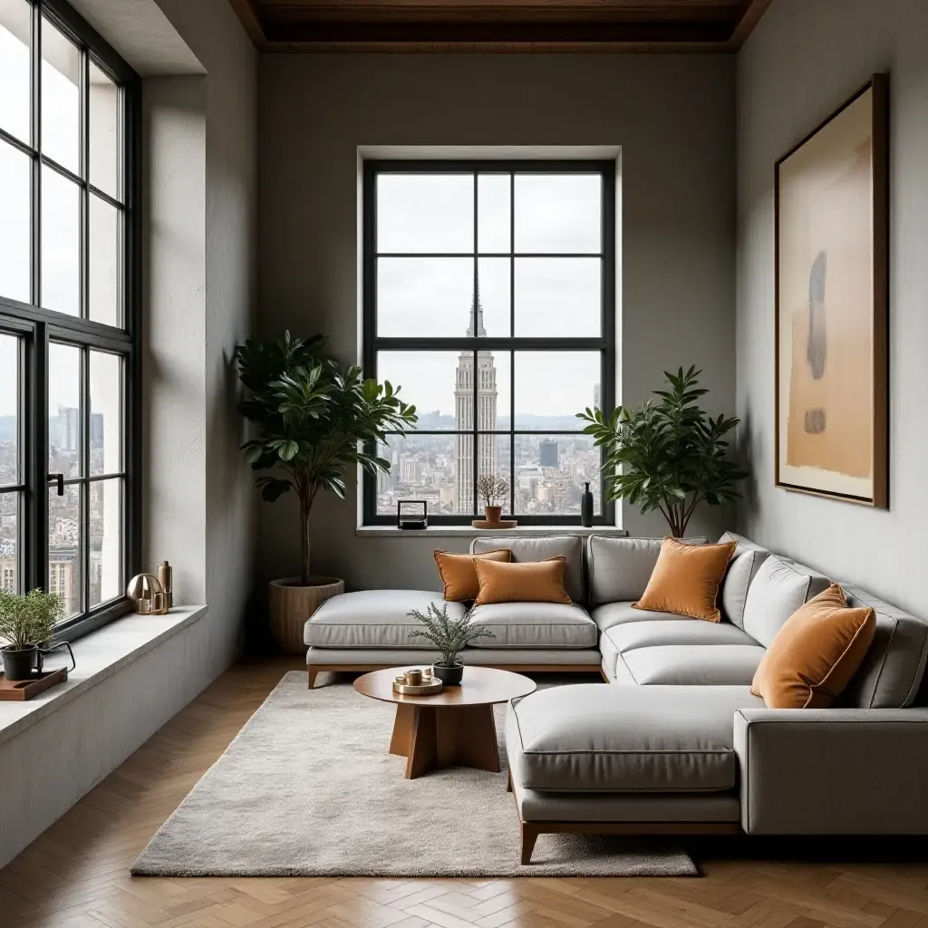 a photo of a living room with vintage industrial windows and modern decor