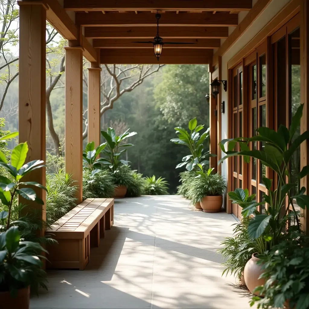 a photo of a wooden bench and plants in a corridor