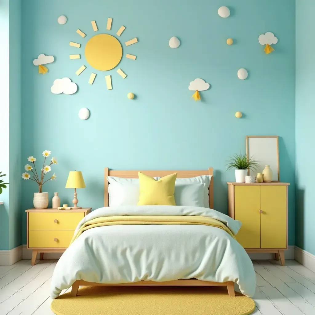 a photo of a playful baby blue and lemon yellow bedroom with cheerful decor