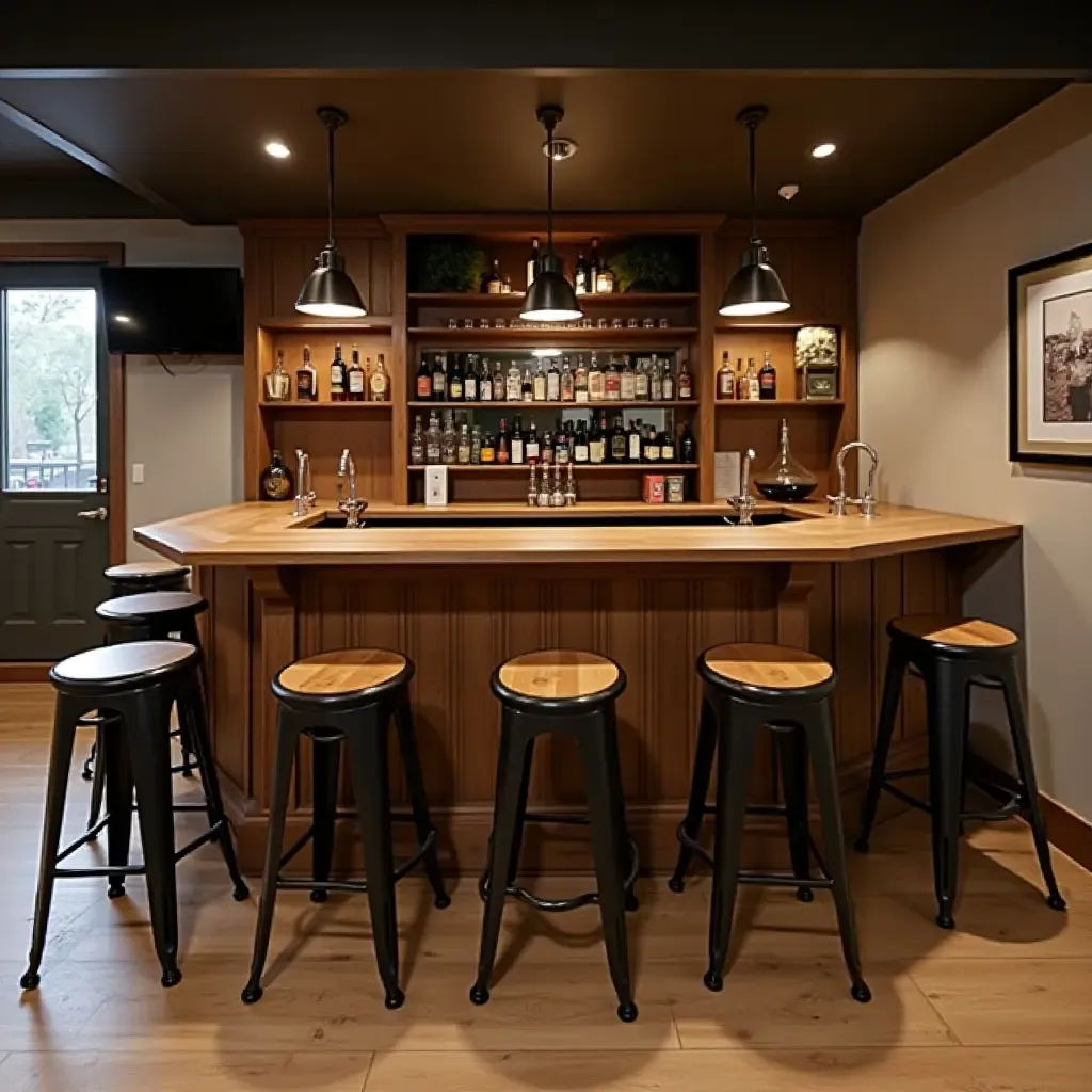 a photo of a rustic wooden bar with industrial stools in a basement