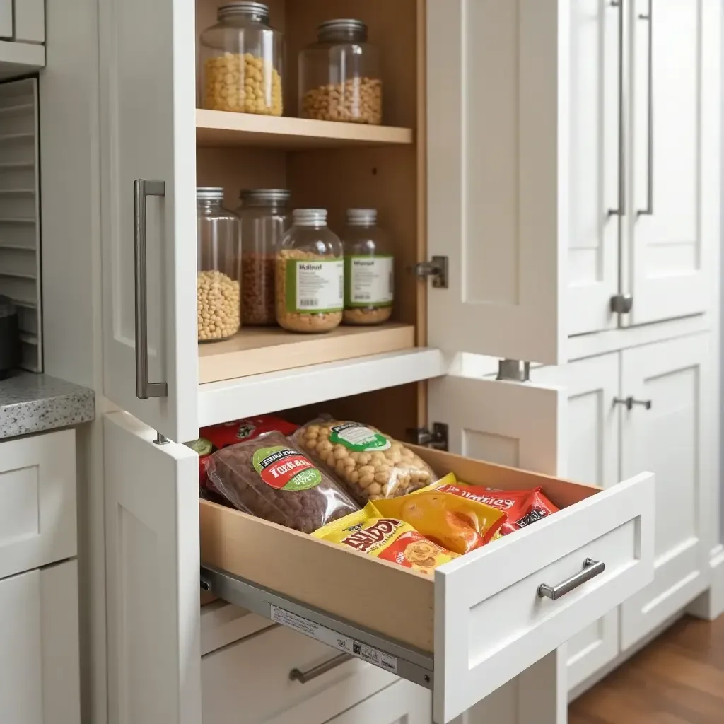 a photo of a pantry featuring a pull-out drawer for easy access to snacks