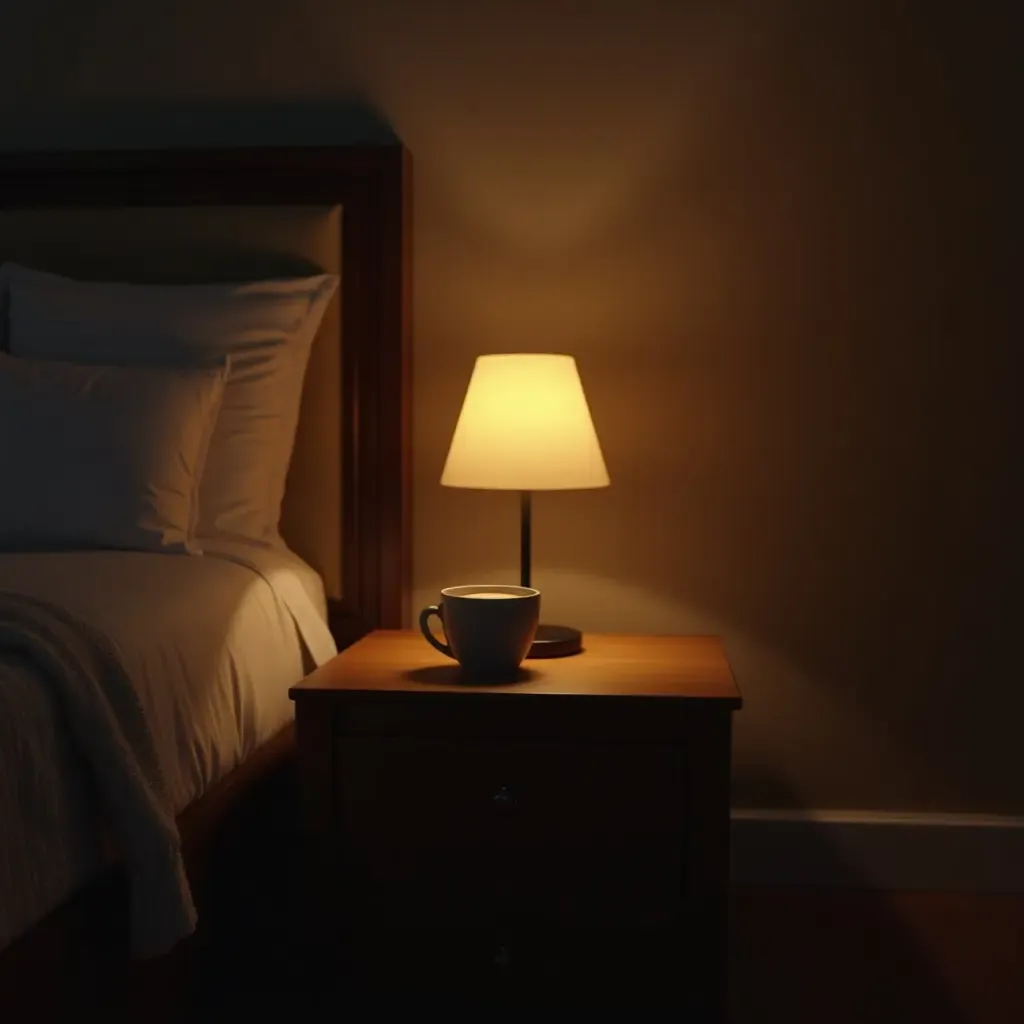 a photo of a nightstand with a cozy blanket and a hot drink