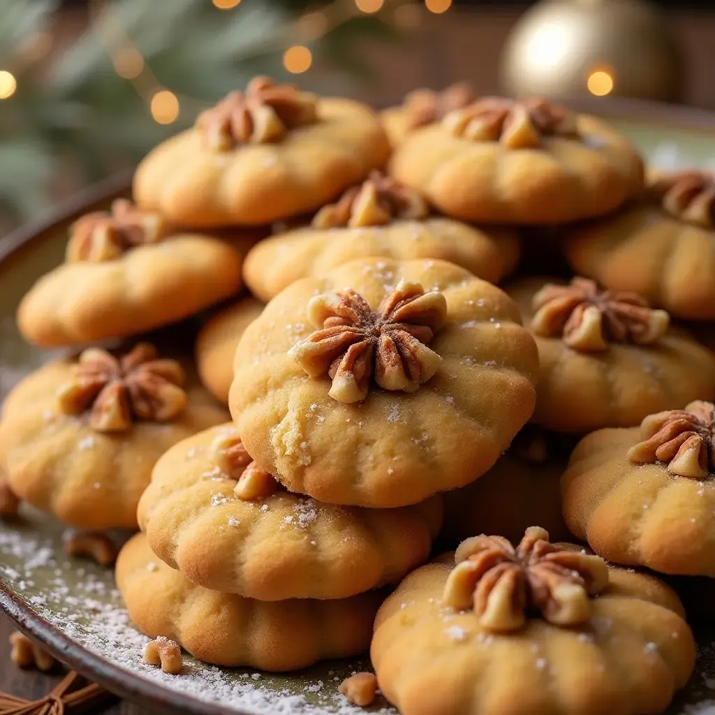 a photo of melomakarona, spiced honey cookies topped with crushed walnuts and festive decorations.