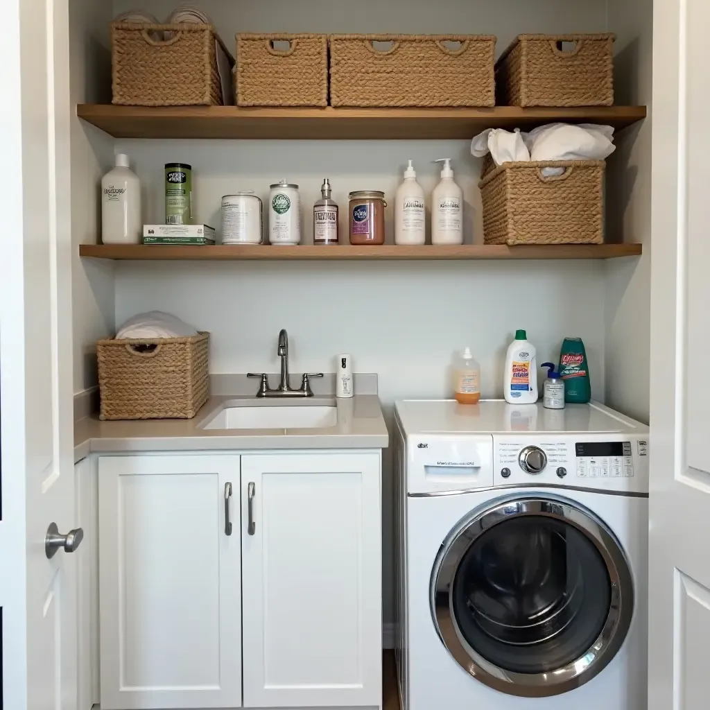 a photo of open shelving in a laundry room organized with baskets and supplies