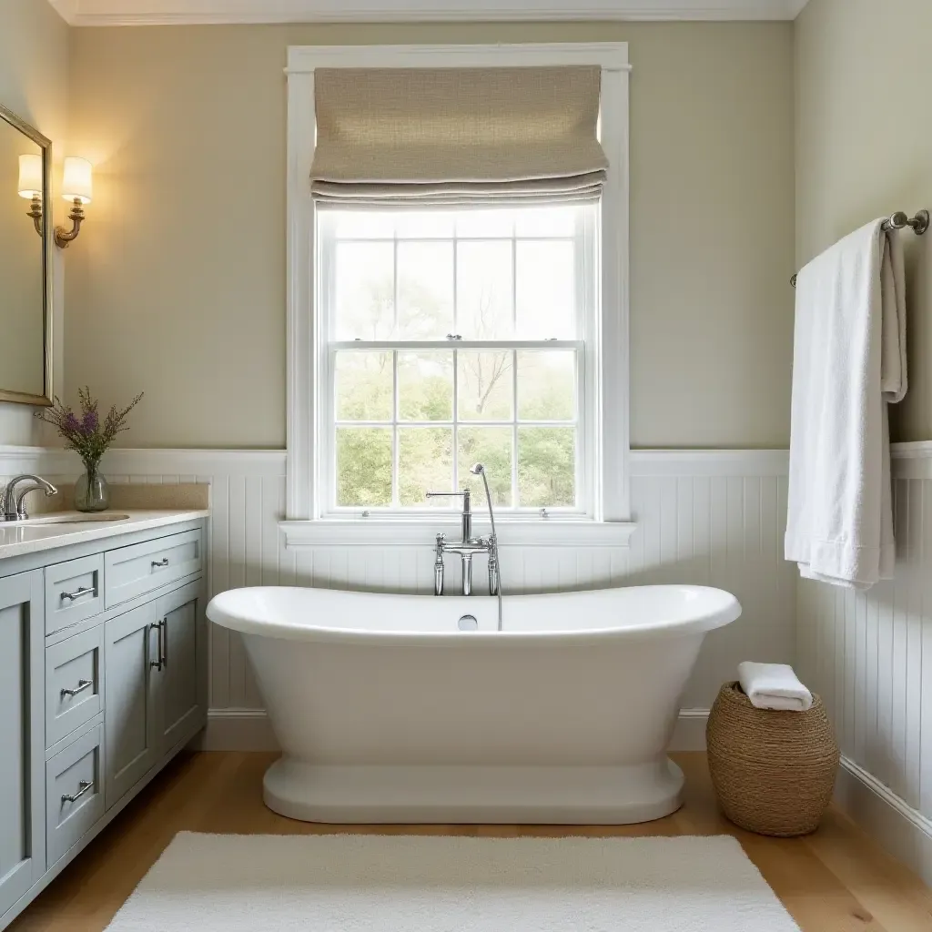 a photo of a freestanding tub in a cozy, cottage-style bathroom