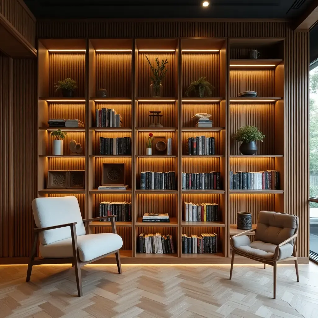 a photo of a library with unique corner shelving solutions