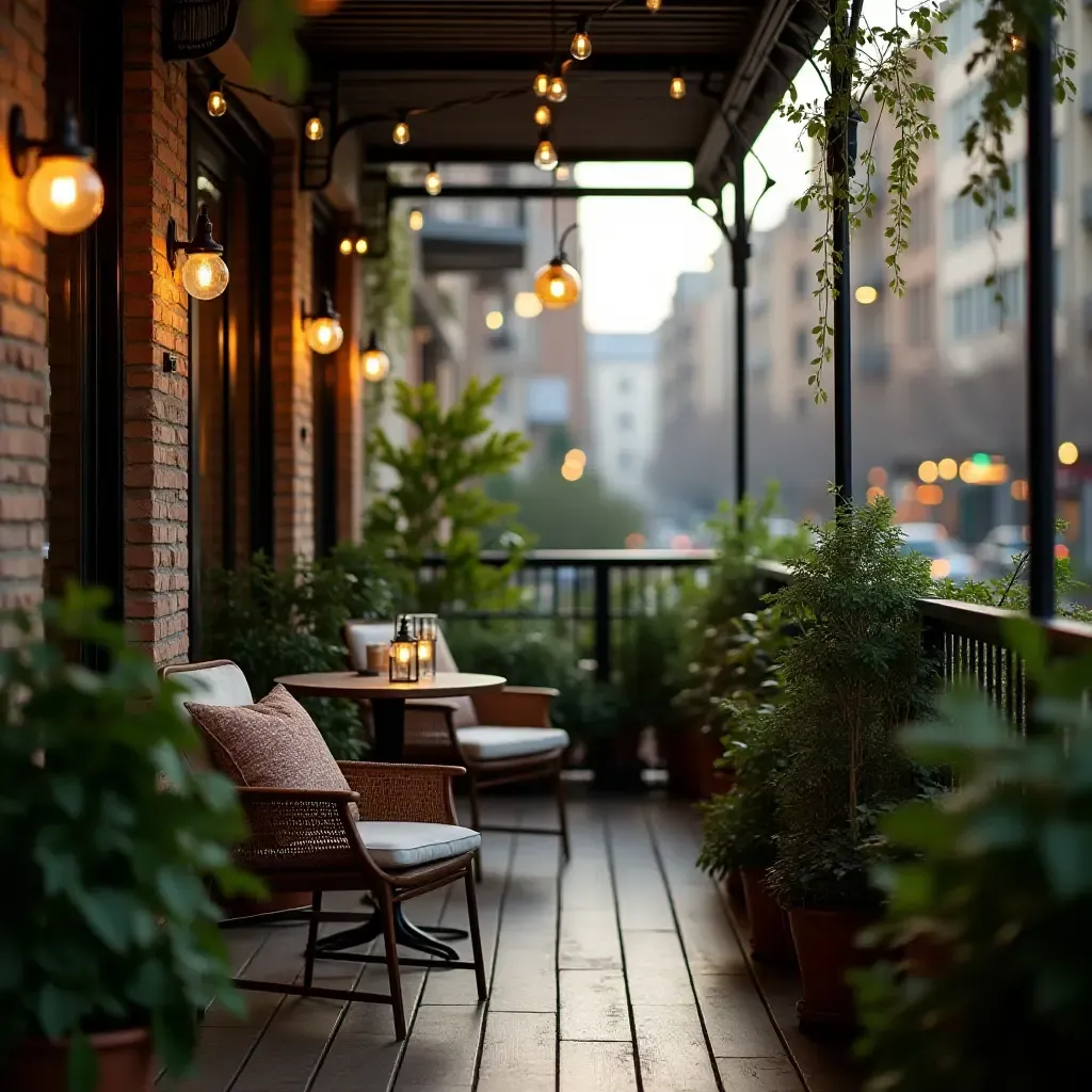 a photo of a balcony featuring vintage industrial light fixtures and green plants