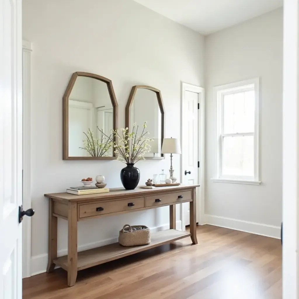 a photo of a farmhouse-inspired hallway with a console table and decorative mirrors