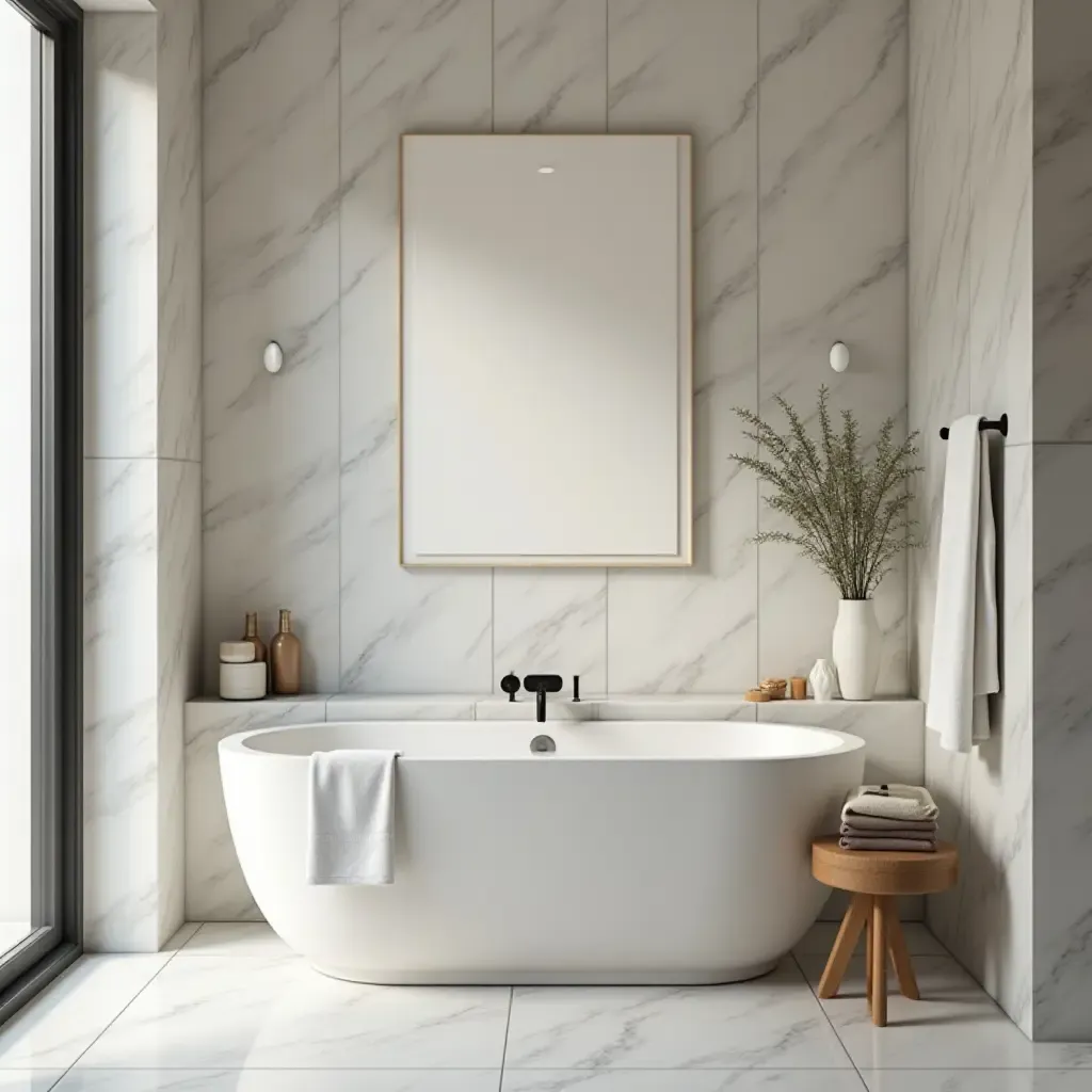 a photo of a bathroom with an elegant soaking tub and stylish accessories