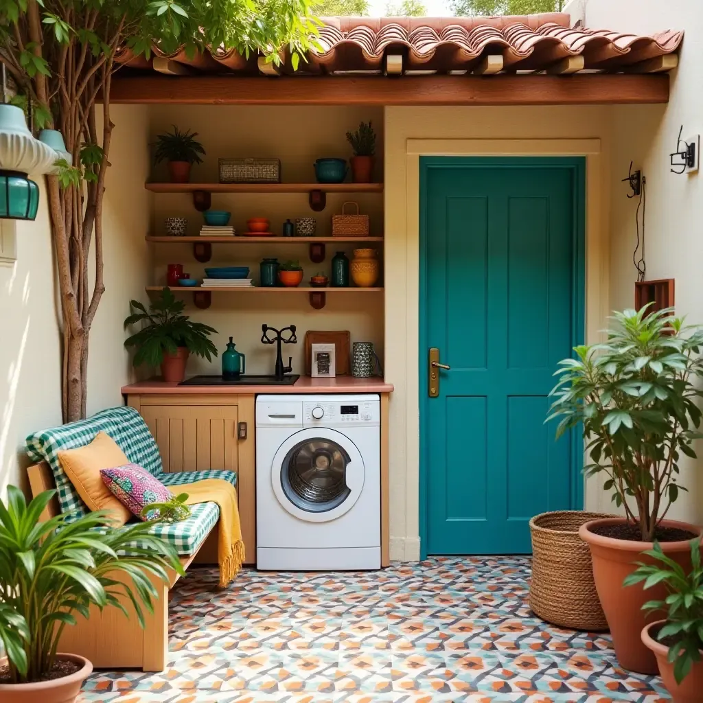 a photo of a vibrant outdoor laundry area with patterned tiles and bright accessories