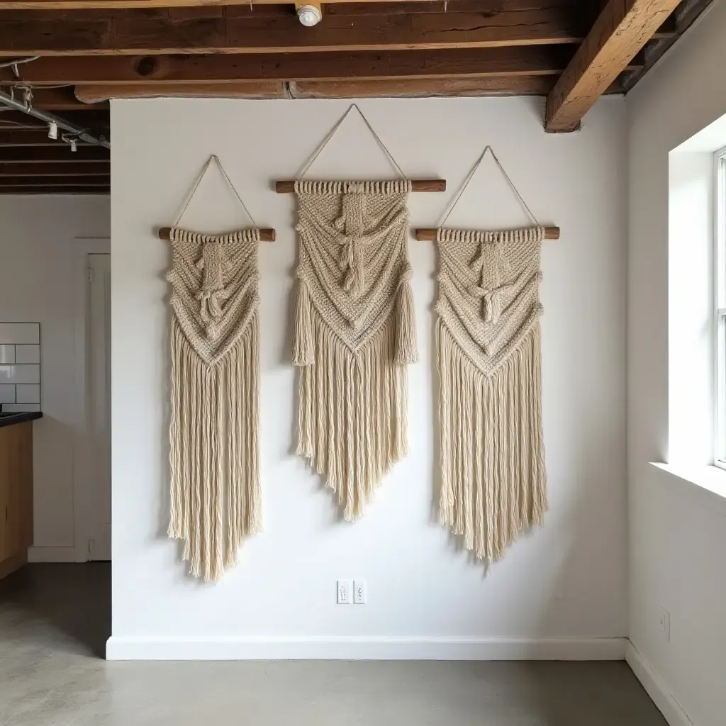 a photo of a wall adorned with handmade macramé hangings in a basement