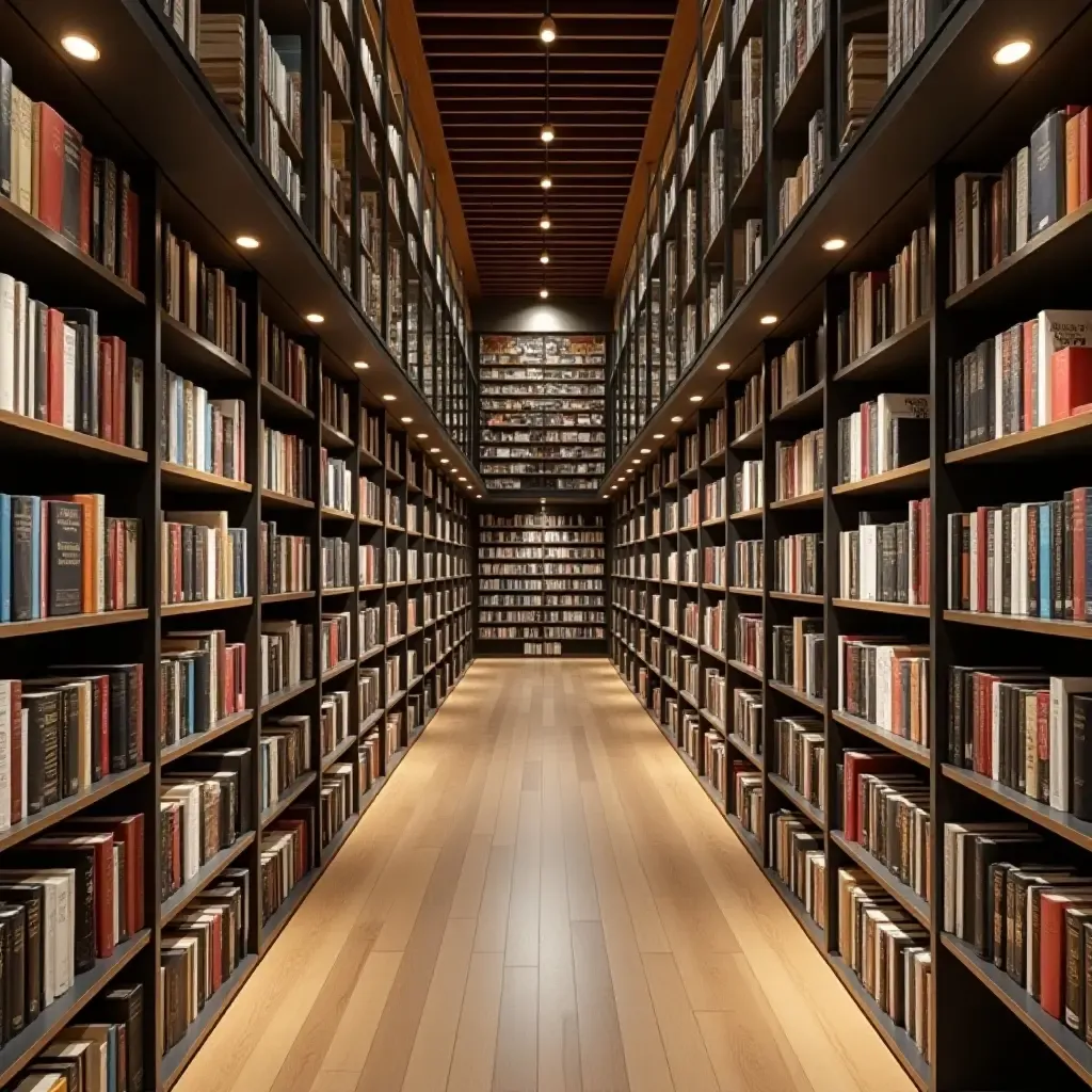 a photo of a library layout utilizing vertical space with high shelves