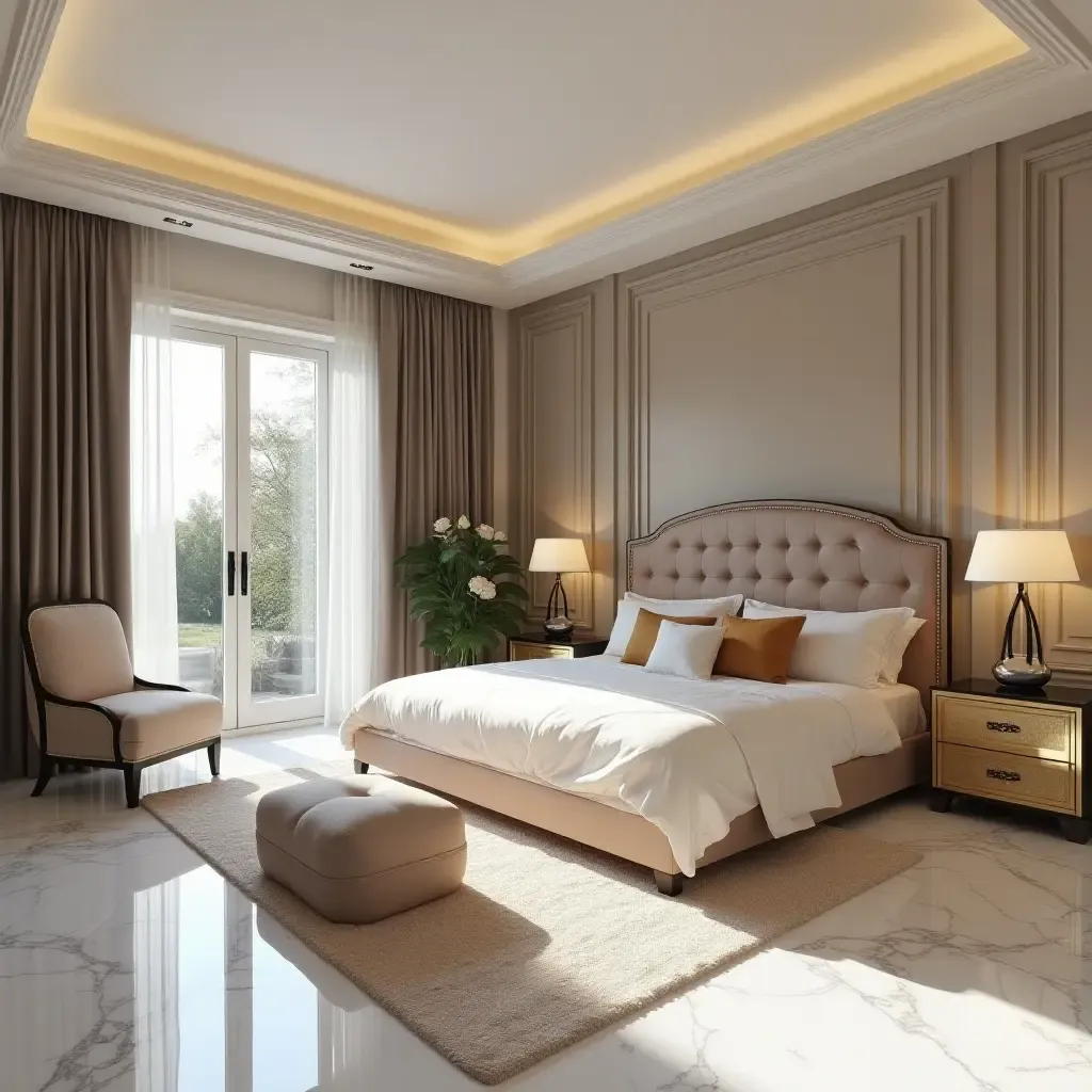 a photo of a luxurious teen bedroom with marble flooring and elegant furnishings