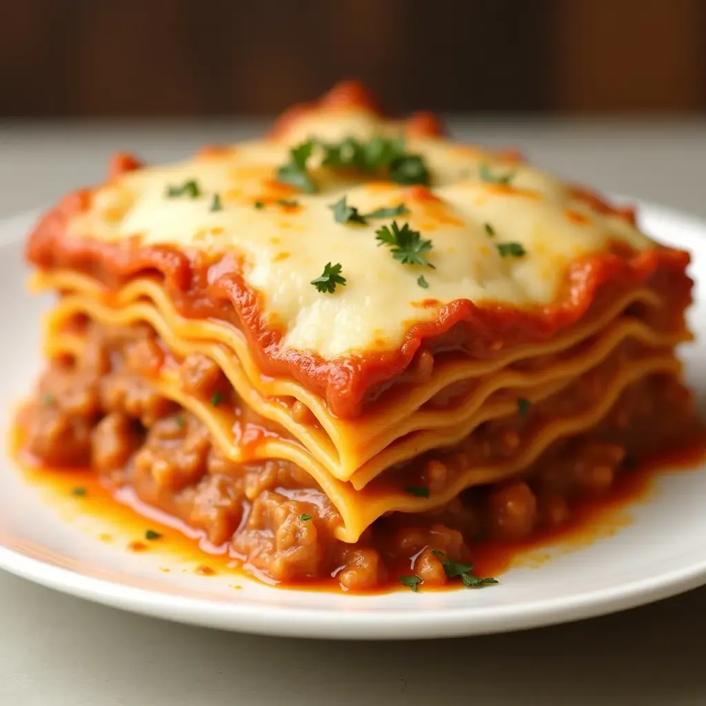 a photo of traditional lasagna with layers of pasta, cheese, and rich meat sauce.