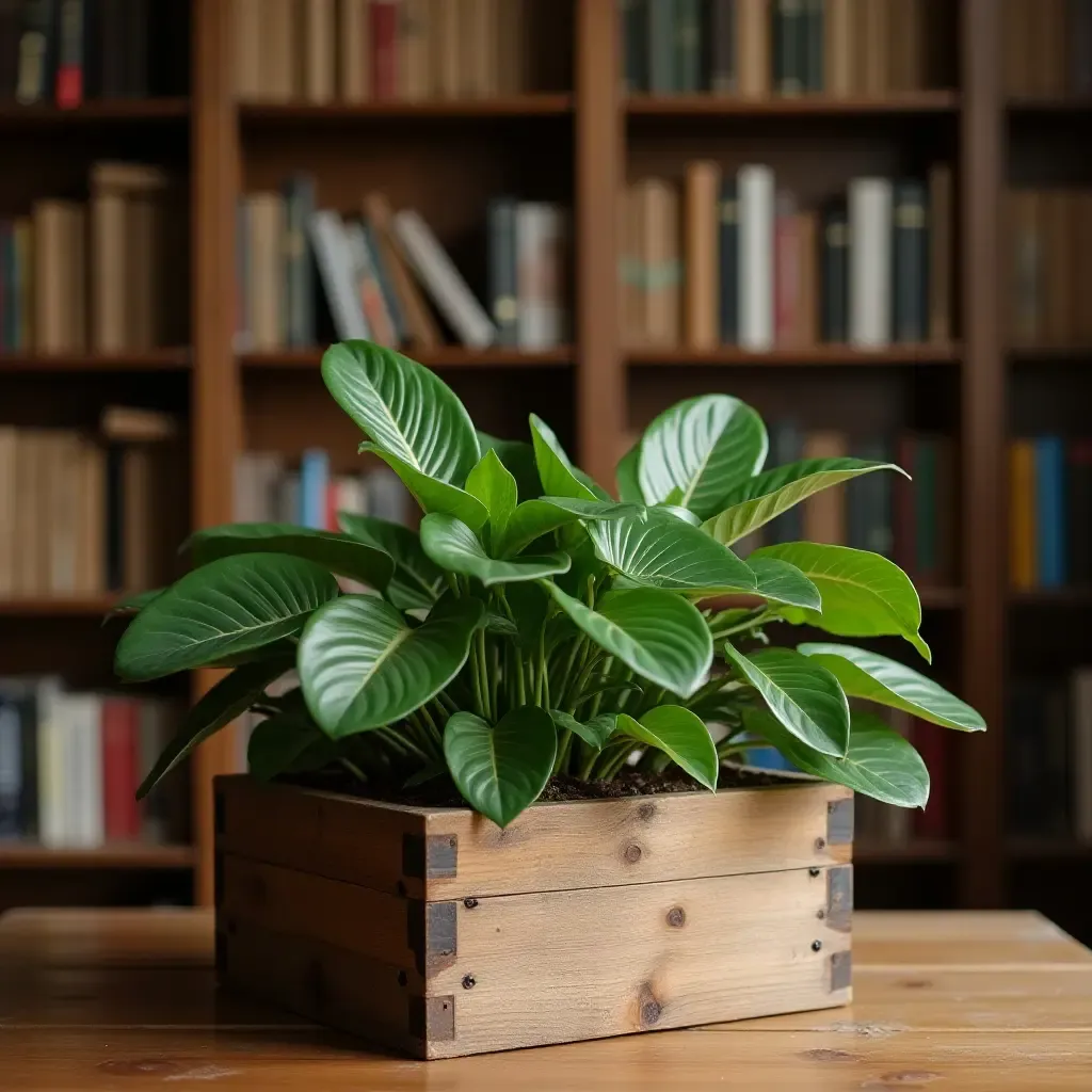 a photo of a library with a rustic wooden plant box