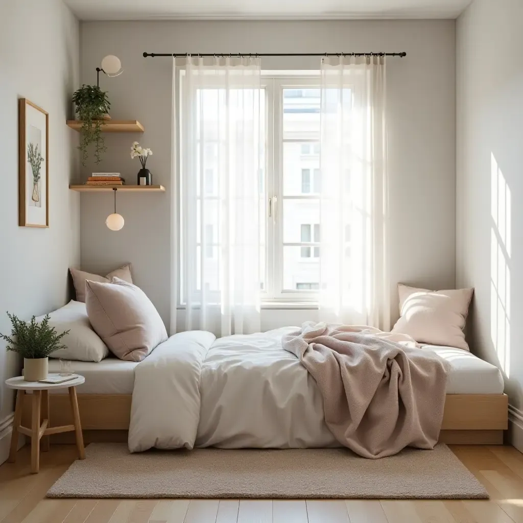 a photo of a cozy reading nook in a minimalist teen bedroom with natural light