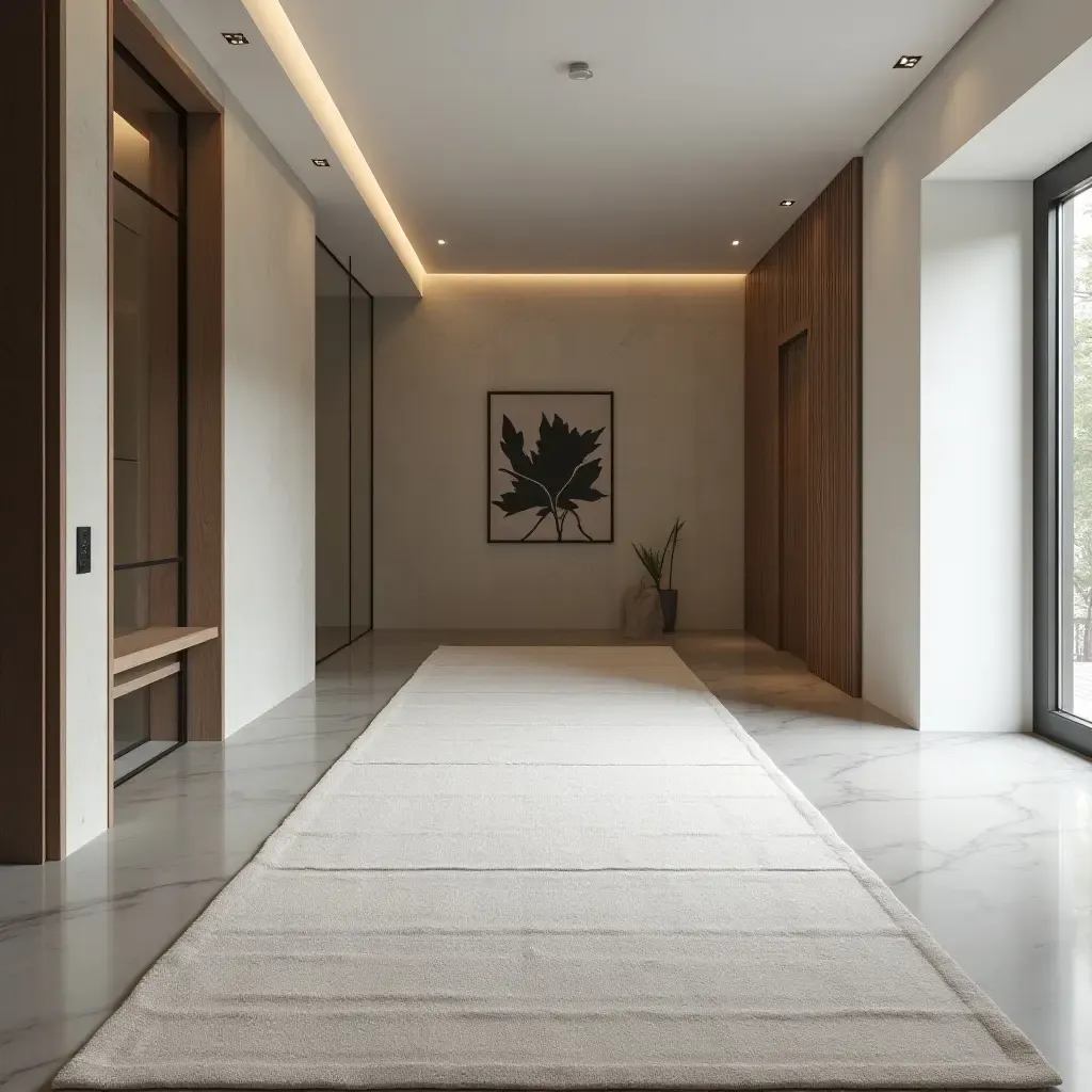 a photo of a minimalist, monochrome rug in a sleek basement design