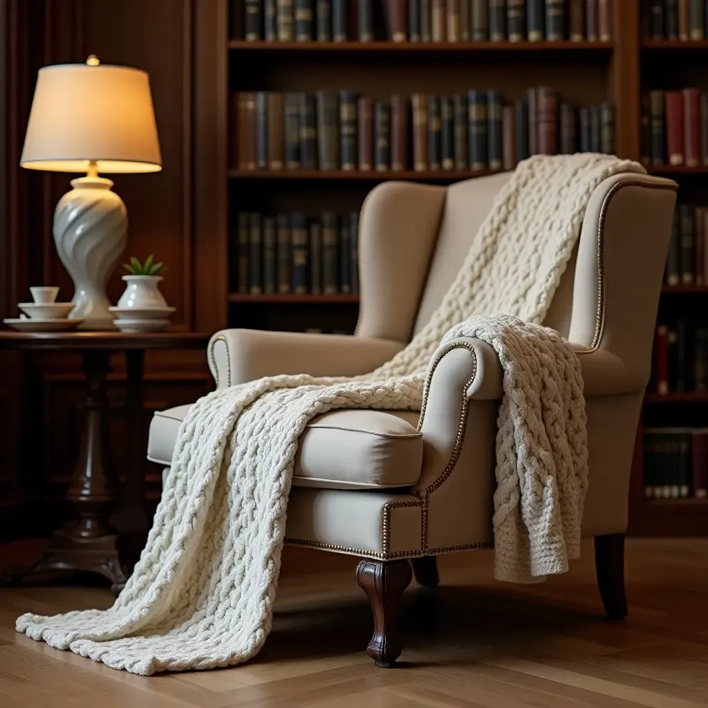 a photo of a classic armchair with a knitted blanket in a library setting