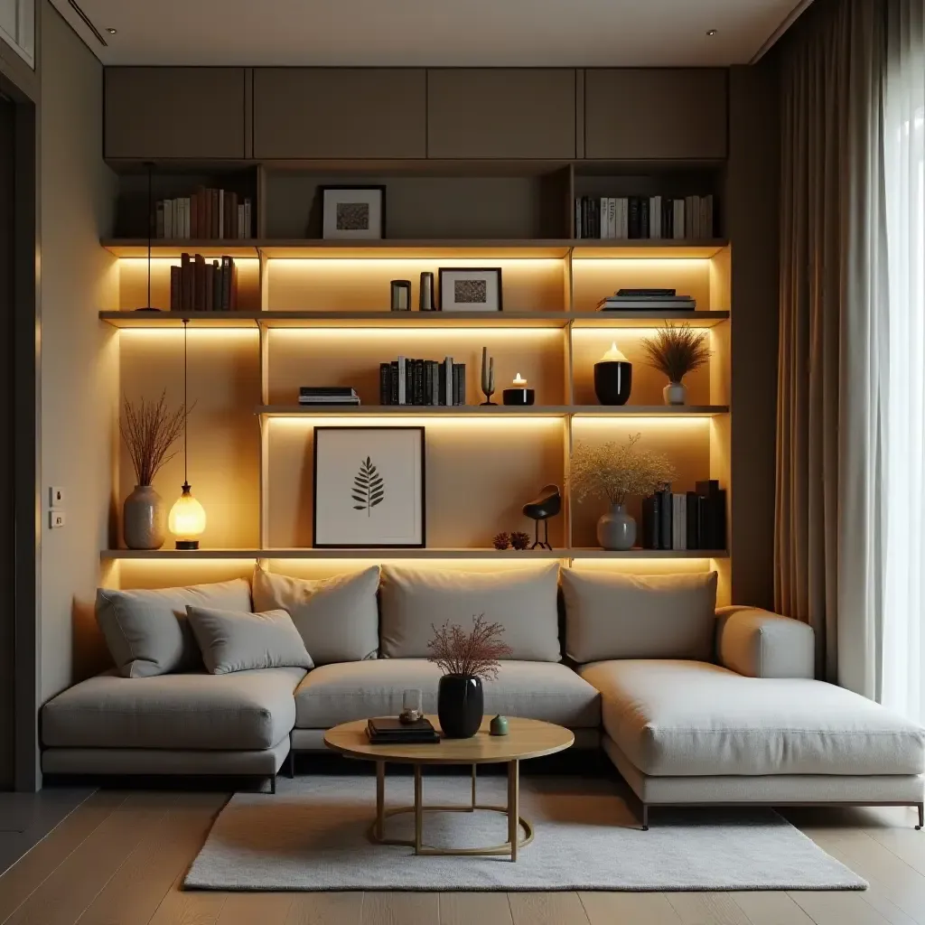 a photo of a small living room with illuminated shelves and decor