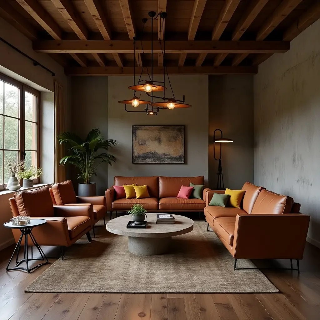 a photo of a rustic living room with leather sofas and metal light fixtures