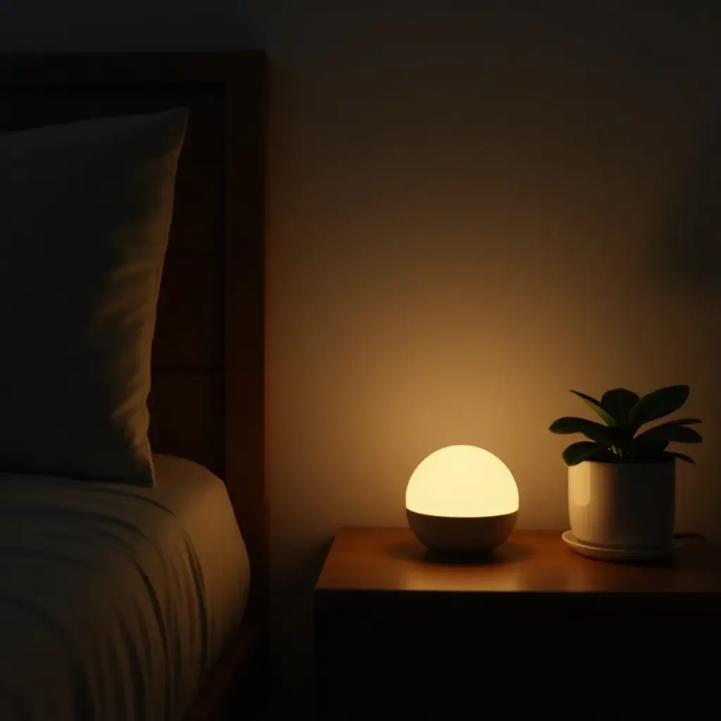 a photo of a nightstand featuring a soothing nightlight and plant