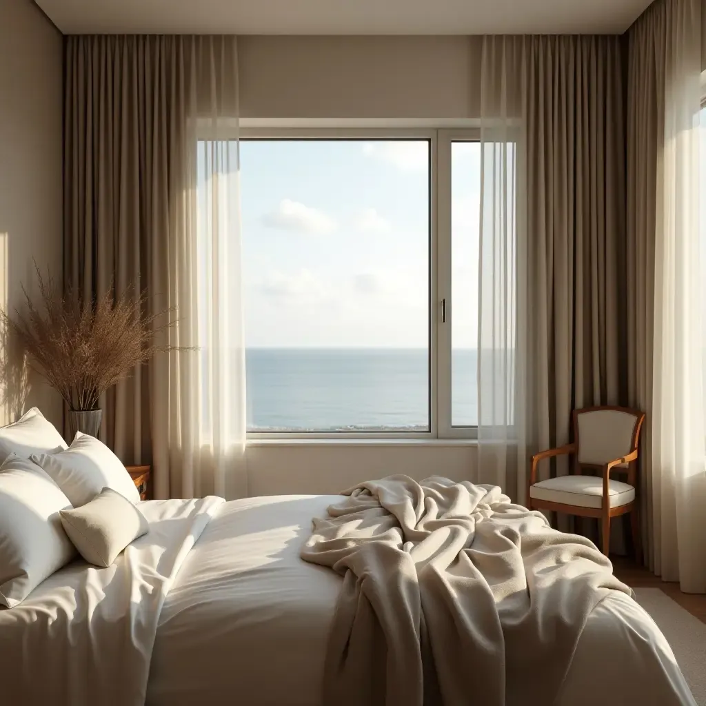 a photo of a serene bedroom featuring a calming view from the window