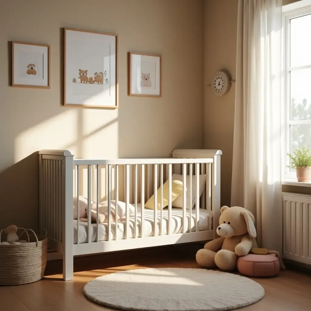 a photo of a nursery with a cozy reading corner and soft lighting