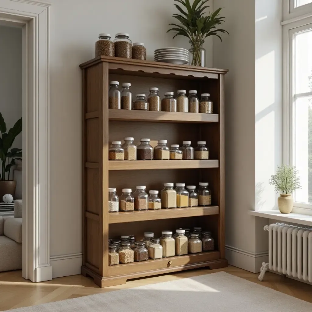 a photo of a vintage spice rack in a contemporary space