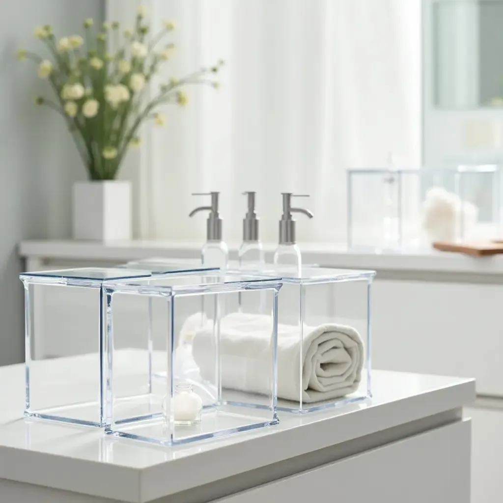 a photo of a bathroom with clear acrylic organizers on counters