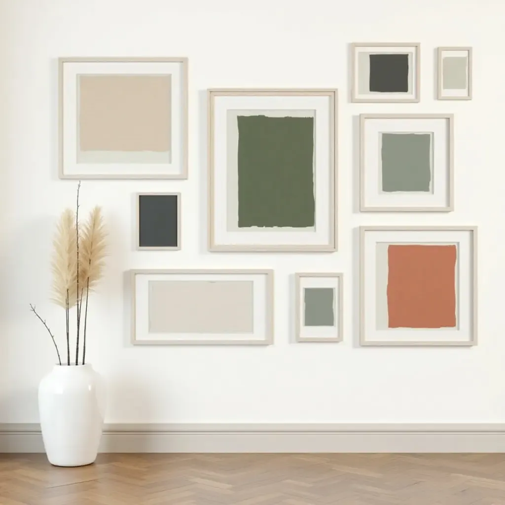 a photo of a gallery wall with a cohesive color palette and theme