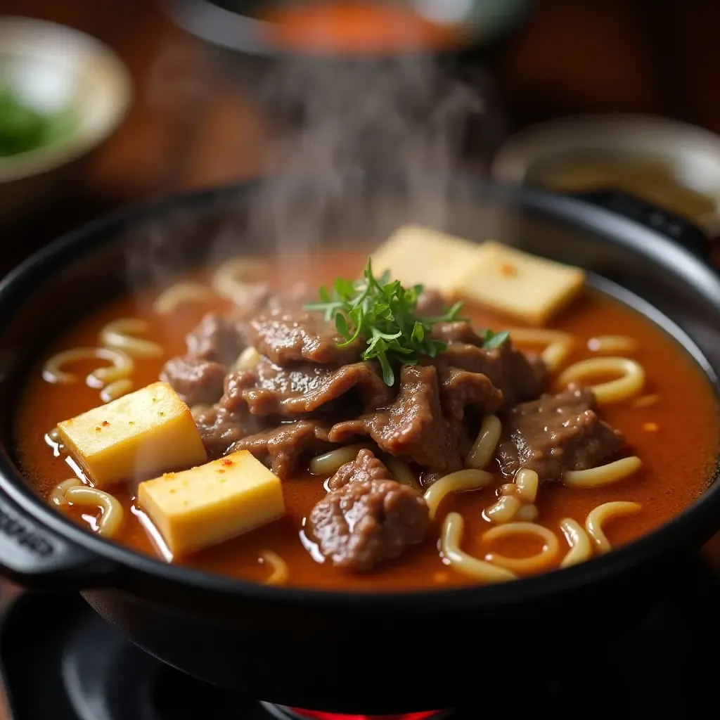 a photo of a colorful sukiyaki pot with simmering beef, tofu, and glass noodles.