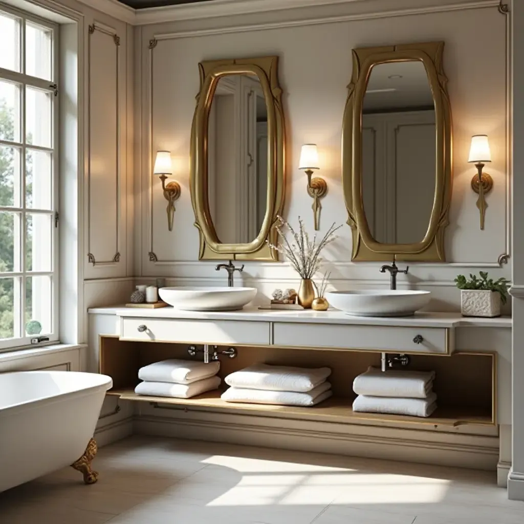 a photo of an elegant vanity area with a double sink and decorative elements