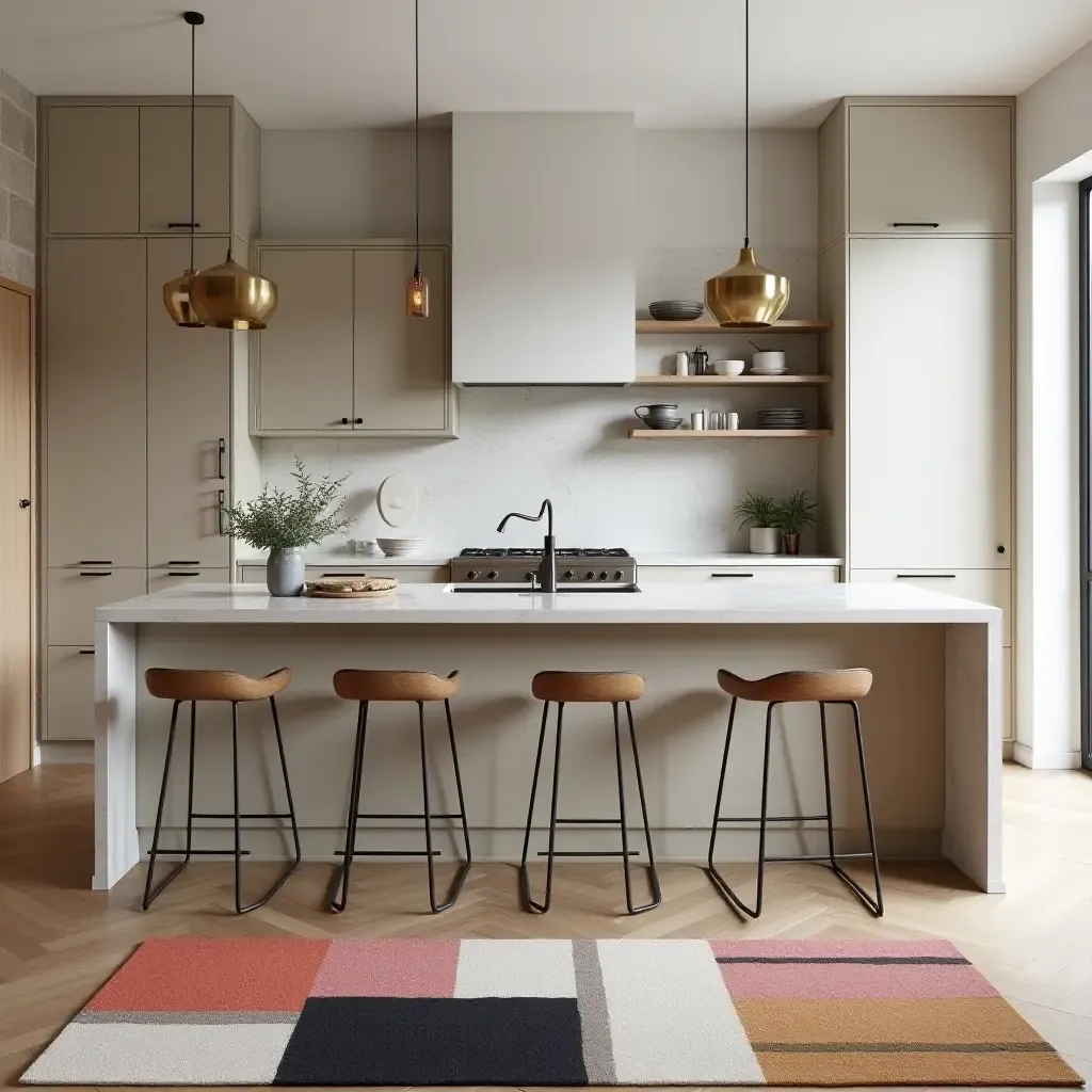 a photo of a contemporary kitchen with a bold abstract rug